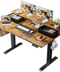 Premium Electric Standing Desk With Drawers And Monitor Shelf Adjustable Height Sit Stand Workstation Ergonomic Home Office Table Brown Finish with organized workspace.