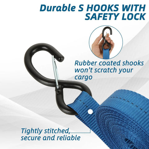Heavy Duty Ratchet Tie Down Straps 2 Inch By 33 Feet, 10,000 Lbs Break Strength with S hooks, blue, close-up view