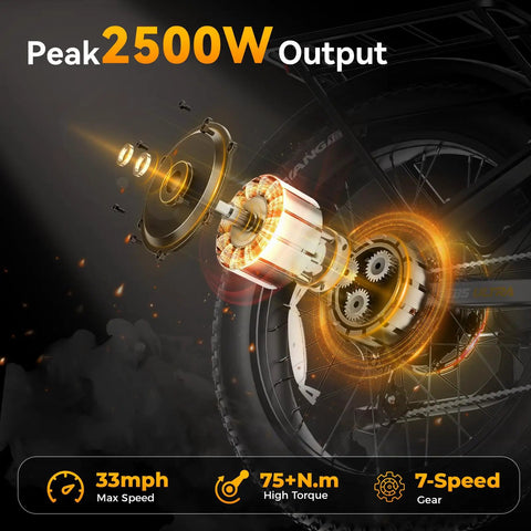 Powerful 2500W Peak Electric Fat Tire Bike motor and gear assembly illustration for adults with off road capabilities