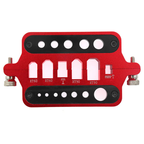 Pro Grade RC Soldering Station Jig Fixture With Ball End Remover Plus Multifunction Hex Socket Wrench Designed For XT60 XT90 Banana Plug Connectors Hustle Ready Build, red aluminum jig, compact size, multiple plug variants.