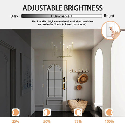 Adjustable brightness of Totally Chic Modern Farmhouse Gold 8 Light Chandelier in entryway, half dim to bright transition.