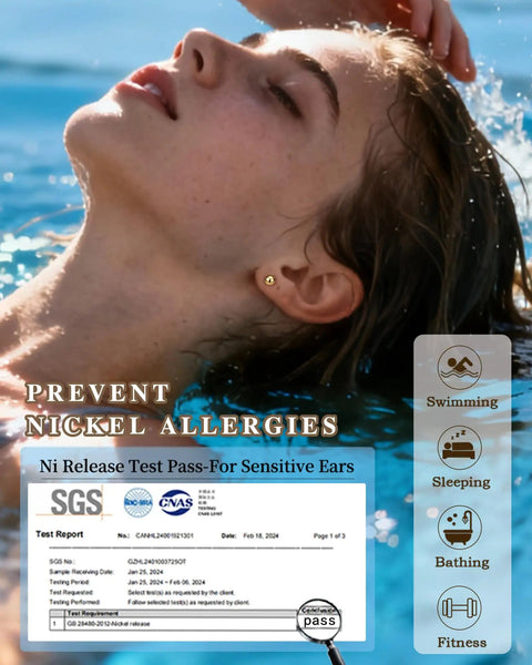 Young woman with straight up premium flat back titanium ball earrings for sensitive ears by the water, preventing nickel allergies.