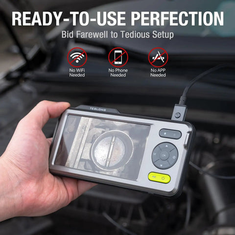 Person holding Dual Lens Inspection Camera With 5 Inch IPS Screen And LED Light showing engine on display