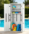 Weatherproof Outdoor Storage Cabinet With Four Shelves And Lockable Door Built To Last Tall White Resin Shed Stands 66 Inches High 30 Cu Ft Capacity For Patio Garden Yard HDPE Double Wall Panels Vertical Tool Storage with pool toys inside