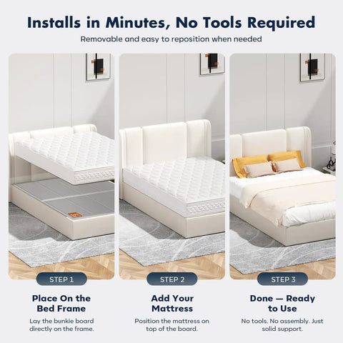 Queen Size Bunkie Board Gray 10mm Low Profile Base For 60X80 Inch Mattresses installed on bed frame with mattress.