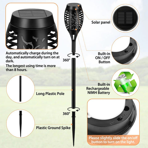 Outdoor Solar Torch Lights 6 Pack With Flickering Flame, waterproof tiki torches, highlighted features and components.