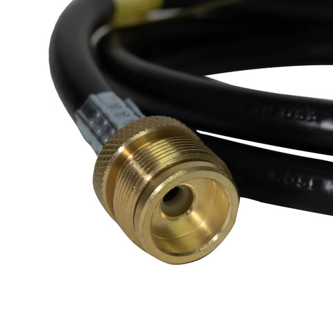 Close-up of brass fitting on Five Foot Propane Hose Assembly For Disposable Cylinders To 20 Pound Tank, 9000 BTU.