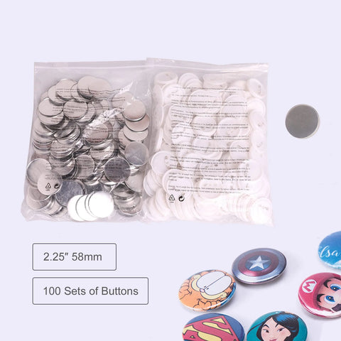 Blank 58mm (2.25 inch) button set for button maker, includes metal shells and white plastic backs, 100 sets