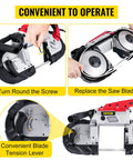 Portable Band Saw 110V 10A Motor With Removable Alloy Steel Base 5 Inch Cutting Capacity Variable Speed Handheld Metal And Wood Band Saw For Deep Cuts Heavy Duty Performance And Easy Setup On The Go showing screw adjustment, blade replacement, and tension lever