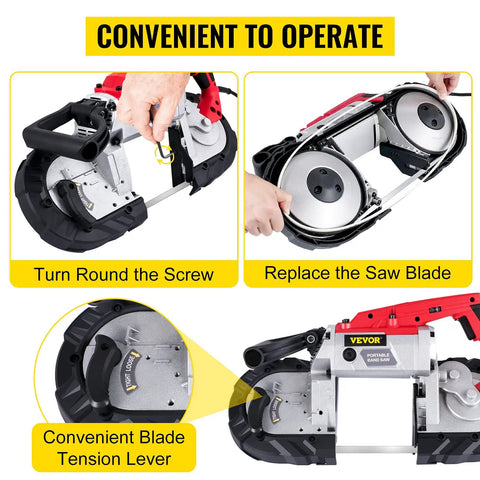 Portable Band Saw 110V 10A Motor With Removable Alloy Steel Base 5 Inch Cutting Capacity Variable Speed Handheld Metal And Wood Band Saw For Deep Cuts Heavy Duty Performance And Easy Setup On The Go showing screw adjustment, blade replacement, and tension lever