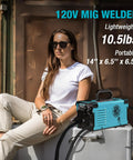 Woman sitting next to a 125 Amp Flux Core MIG Welder For 120V Home DIY Projects Gasless Welder Kit, blue and portable design.