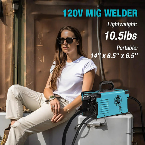 Woman sitting next to a 125 Amp Flux Core MIG Welder For 120V Home DIY Projects Gasless Welder Kit, blue and portable design.
