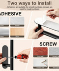 Installation options for the two pack paper towel holder, including adhesive for smooth surfaces and screws for rough surfaces.