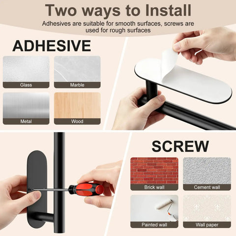 Installation options for the two pack paper towel holder, including adhesive for smooth surfaces and screws for rough surfaces.