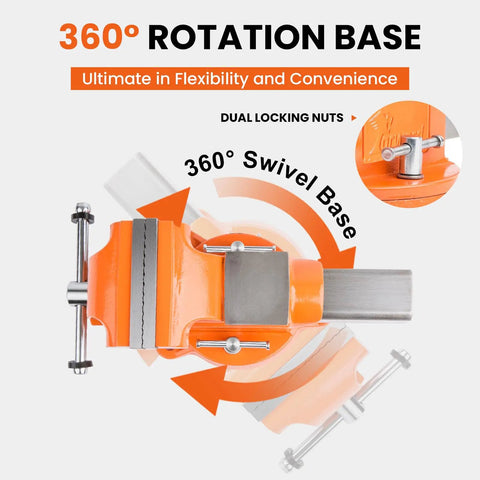 Top view of Beefy 4 Inch Ductile Iron Bench Vise With 360 Degree Swivel Base showing rotation and locking nuts detail.