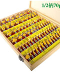 Heavy Duty 70 Piece Woodworking Router Bit Set With 12.7 Mm Tungsten Carbide Straight Cutters stored in a wooden crate for DIY projects.