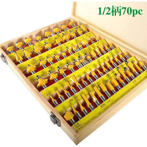 Heavy Duty 70 Piece Woodworking Router Bit Set With 12.7 Mm Tungsten Carbide Straight Cutters stored in a wooden crate for DIY projects.
