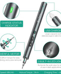 Close-up of 28 In 1 Cordless Electric Screwdriver Kit with USB charging port, LED lights, and power button.