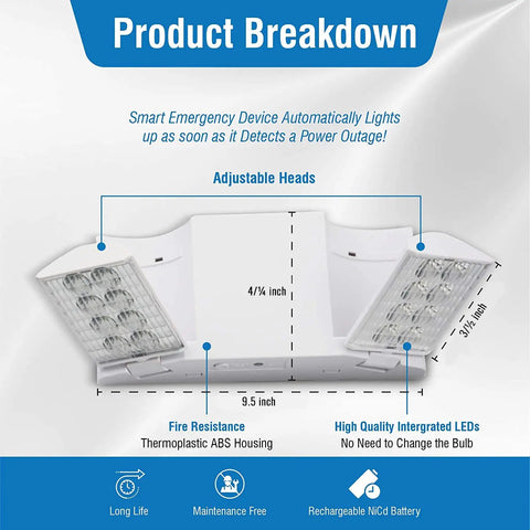 Product breakdown of LED Hardwired Emergency Light Kit With Dual Adjustable Heads Backup Battery 6 Pack White Easy Install And Rock Solid Illumination For Power Outages And Home Safety.