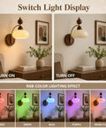 Turned on and off view of 2 Pack Rechargeable Vintage Wooden Wall Sconces RGB Battery Operated Lights with various colors.