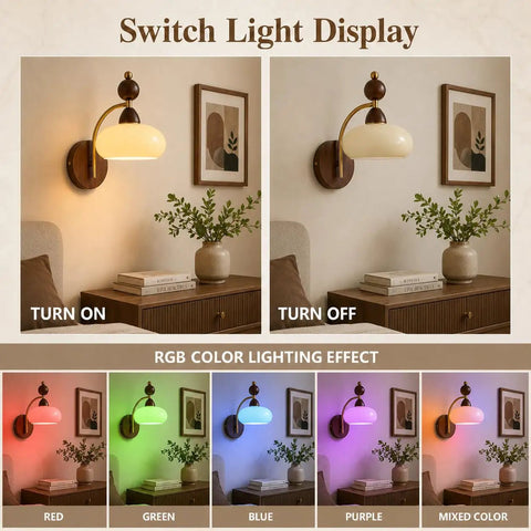 Turned on and off view of 2 Pack Rechargeable Vintage Wooden Wall Sconces RGB Battery Operated Lights with various colors.