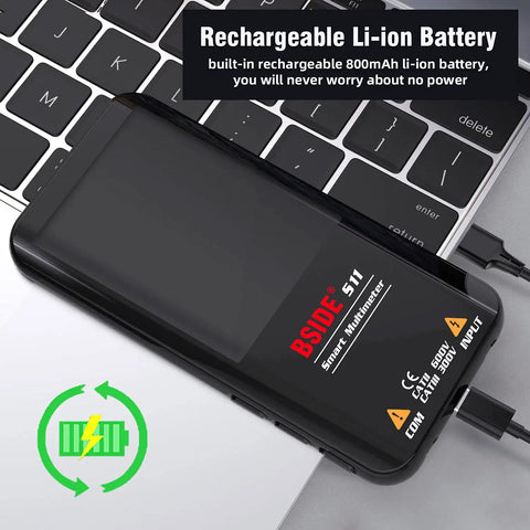 Smart Digital Multimeter 9999 Counts Pocket Voltmeter rechargeable showing Li-ion battery on a keyboard