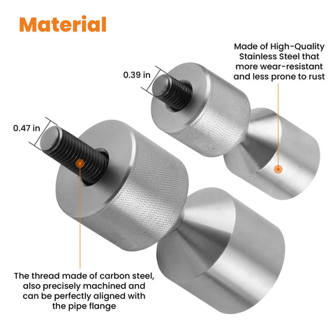 Four stainless steel flange alignment pins with knurled bodies and flanged bases; 1-1/8 in and 1-5/8 in diameters