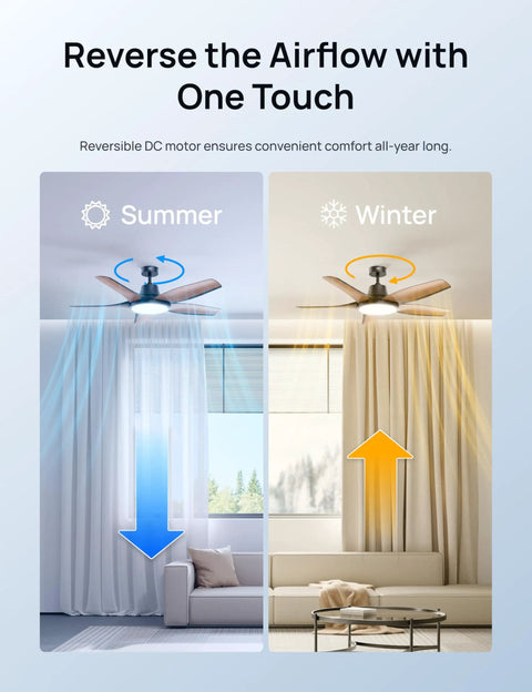 Straight Premium 52 Inch Smart Rgbic Ceiling Fan With Totally Lit Dimmable Lights And App Control For A Super Chill Lounge In Any Living Room Or Game Den showing summer and winter airflow settings.