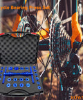 Pro Grade Bike Bearing Press Kit With 35 Adapters, Headset Press Tool displayed with bicycle wheel and gear set.