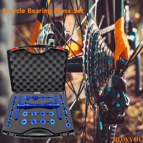 Pro Grade Bike Bearing Press Kit With 35 Adapters, Headset Press Tool displayed with bicycle wheel and gear set.