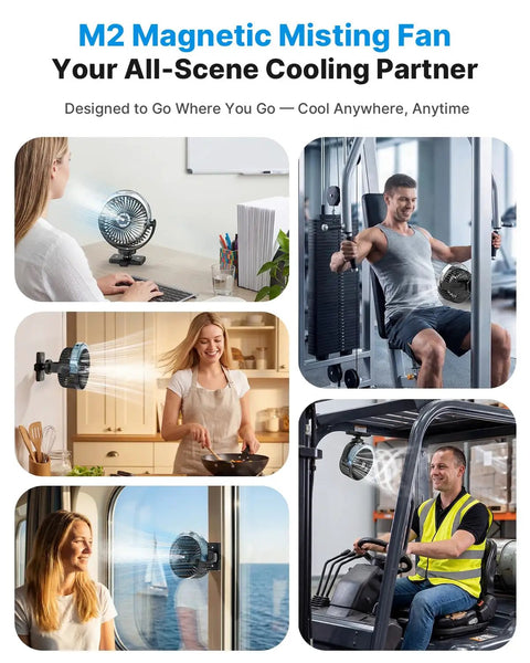 Collage of M2 Magnetic Misting Fan used indoors and on vehicles for versatile cooling.