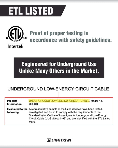 ETL Listed certification for Low Voltage Landscape Lighting Wire 16 Gauge 2 Wire 250 Feet Weatherproof Direct Burial Stranded Cable.