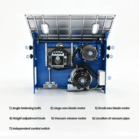 Table Saw For Woodworkers With Adjustable Vertical Blade Rugged Copper Motor And Rock Solid Aluminum Build showing internal components layout.