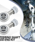 2 Pieces Steering Shaft Support Set With Three Quarter Inch Right Hand Thread Spherical Heim Joint And Jam Nut, Heavy Duty Steel Construction For Stabilized Steering And Easy Install. steering shaft rod end kit shown installed on vehicle steering linkage
