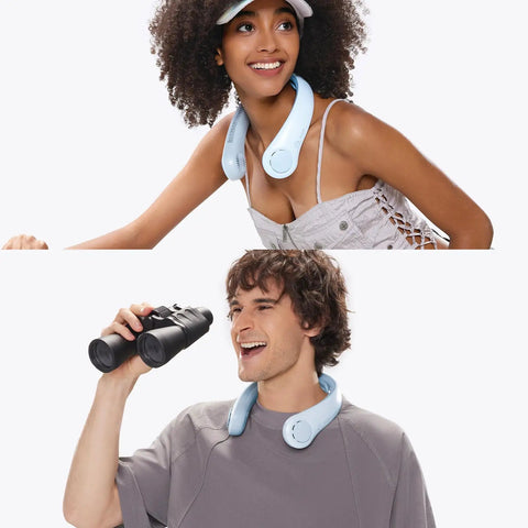 Two people enjoying Portable Neck Fan With 5 Speed Gears 6000mAh Hands Free Wearable Bladeless Cooling Quiet USB Rechargeable For Outdoor And Indoor Use Ergonomic Neckbrace Design Lightweight Gift For Women Men Light Blue All Day Comfort