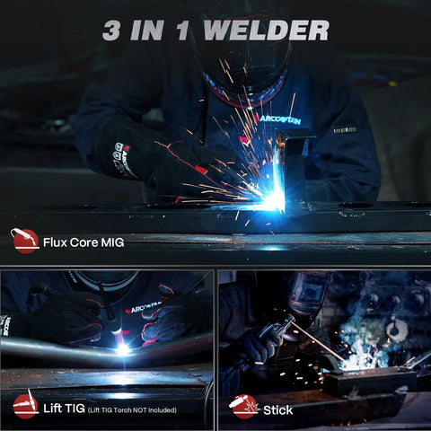 Close-up of 135A MIG Welder Workhorse With 110V Power And Large LED Display Flux Core MIG And Lift TIG Plus Stick Welding 3 In 1 Gasless Welder IGBT Inverter