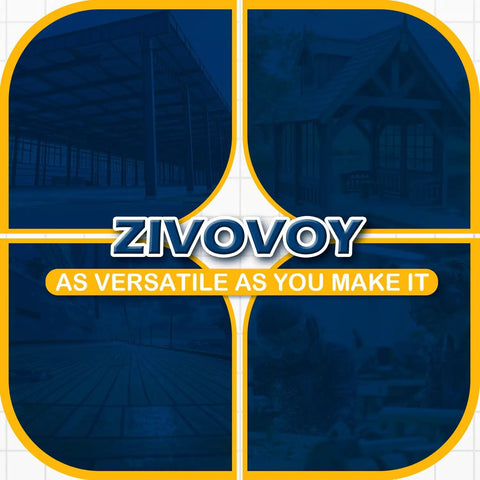 ZIVOVOY branding graphic with "AS VERSATILE AS YOU MAKE IT" over industrial building images