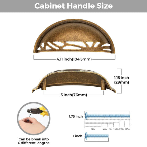 Three Pack Antique Brass Half Moon Cup Pulls For Kitchen Cabinets And Drawers featuring size measurements and installation details.