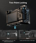 Cage Kit for Sony A6700 With HDMI Cable Clamp And Built In Quick Release Plate Arca Type Rig, showing two-point locking system.
