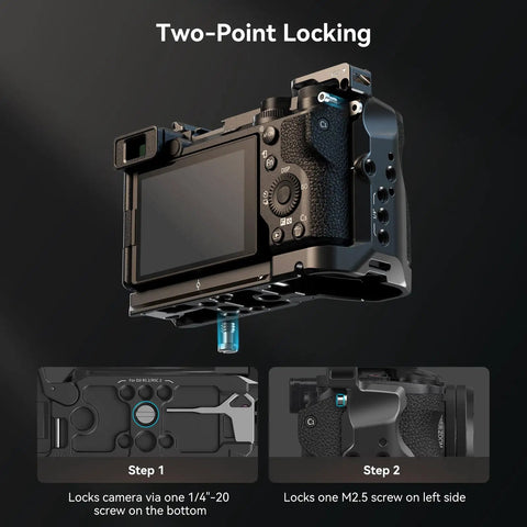 Cage Kit for Sony A6700 With HDMI Cable Clamp And Built In Quick Release Plate Arca Type Rig, showing two-point locking system.