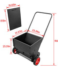 Four Wheel Spreader And Garden Cart For Lawn Fertilizer Grass Seed And Compost Topdresser Push Cart With Handle shown with dimensions