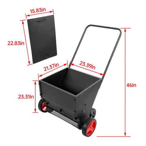 Four Wheel Spreader And Garden Cart For Lawn Fertilizer Grass Seed And Compost Topdresser Push Cart With Handle shown with dimensions
