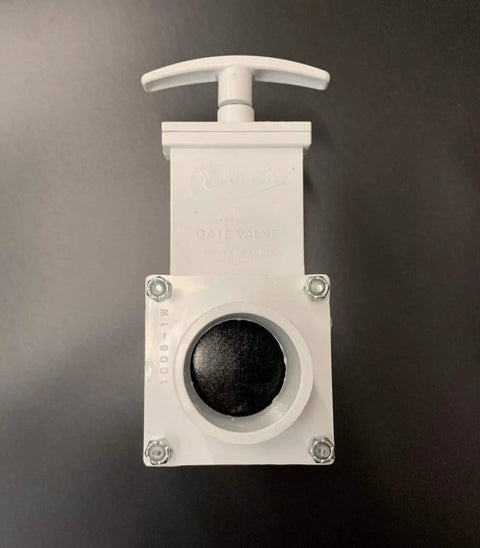 Fresh Water Gate Valve 1-1/2 Inch Spigot To Slip Connection PVC Drain Valve for RVs and Plumbing, white, corrosion resistant, front view