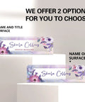 Personalized Acrylic Desk Name Plate With Purple Flower Design showing two options for customization