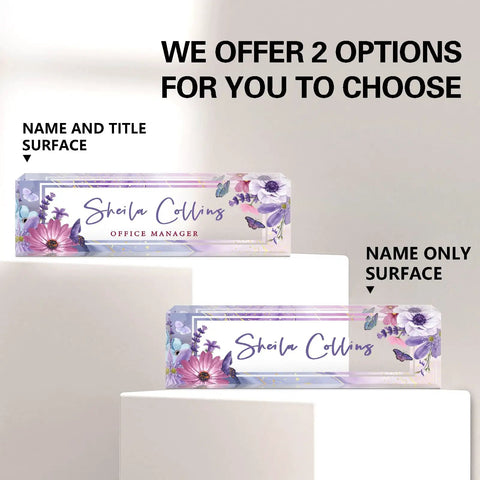 Personalized Acrylic Desk Name Plate With Purple Flower Design showing two options for customization