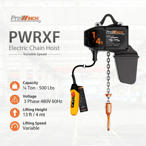 Rock Solid 1000 Lb Electric Chain Hoist Variable Speed Three Phase Motor with pendant control and steel hooks for heavy-duty use.