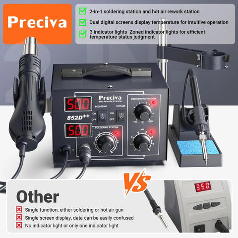 Two In One Hot Air Rework Soldering Station Kit with adjustable holder, 40W soldering iron, 700W hot air gun for electronics repair.