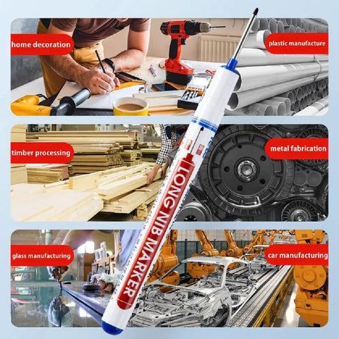 Set Of 3 Deep Hole Marking Pens With Long Extended Nibs For Carpentry And Woodworking Projects Straight Shooter Build That Effortlessly Hits Every Tight Spot Red Black And Blue Ink on display in various work environments.