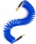 Coilable Polyurethane Recoil Air Hose With Quick Connect And Bend Restrictors For Pneumatic Tools One Quarter Inch NPT Retractable Spring Line Blue
