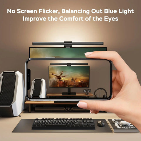 Monitor Light Bar With Remote for Eye Comfort and No Glare Screen Lighting on dual monitors in home office setup.